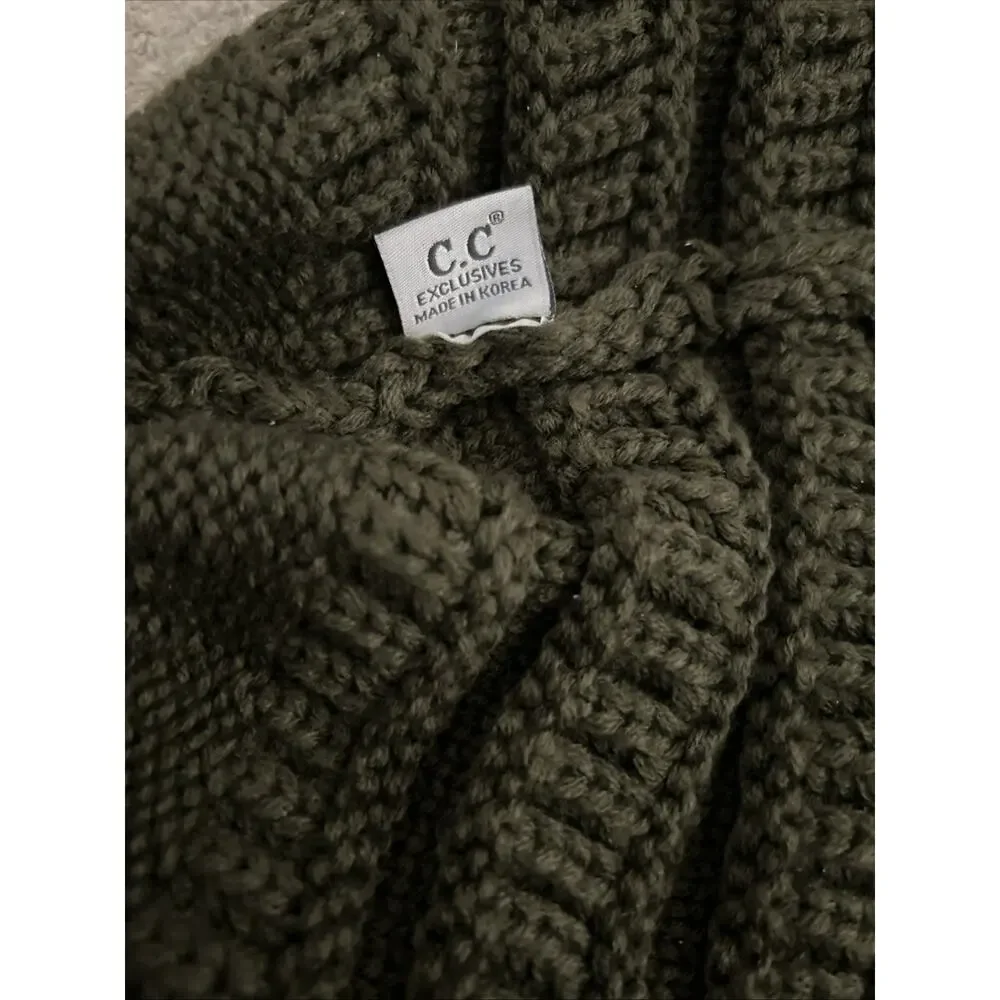 CC Exclusives Beanie Women's Knit Slouchy Cap Hat Olive Ponytail Hole Ski
